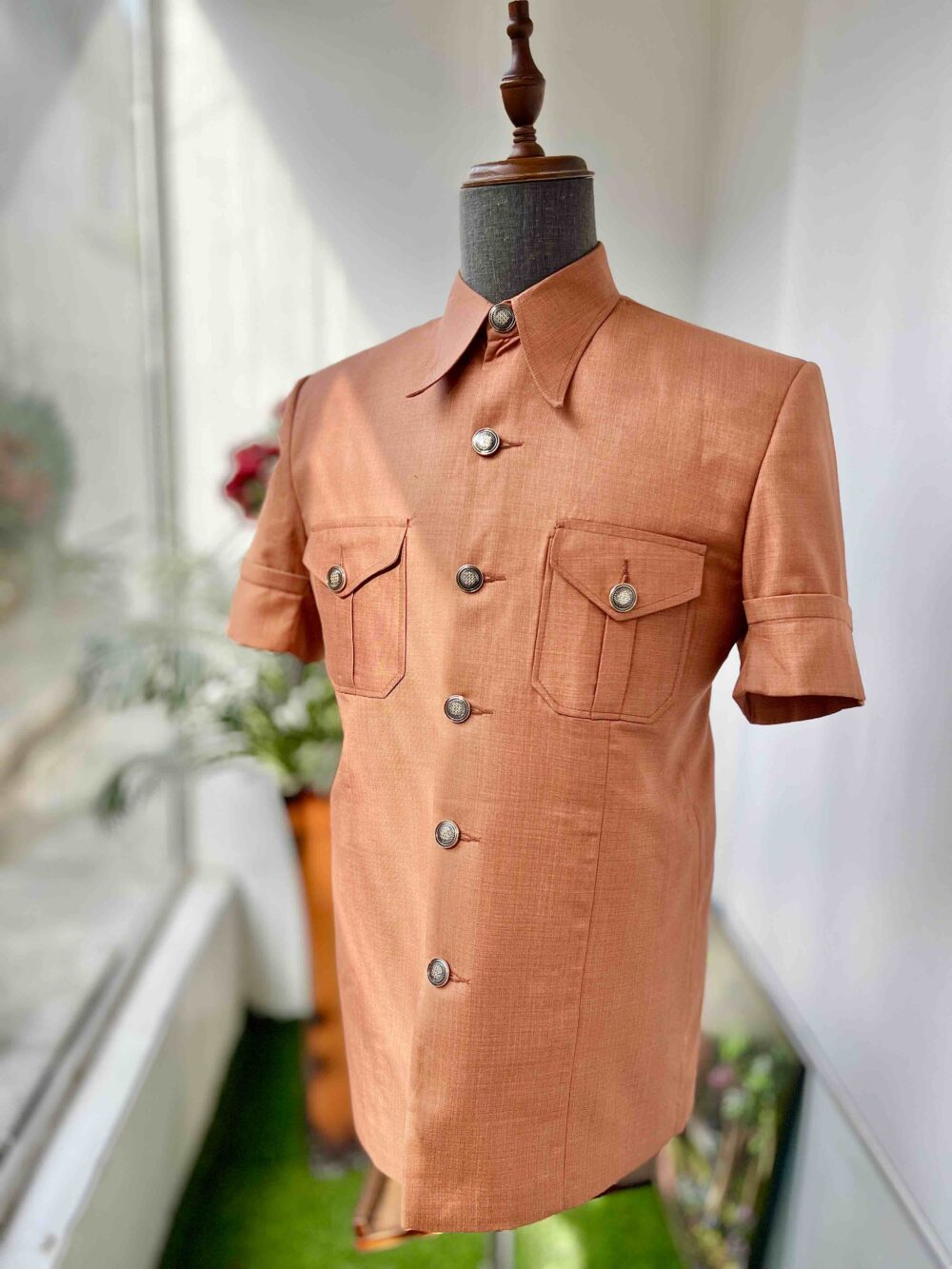 Burnt orange two pockets safari suit