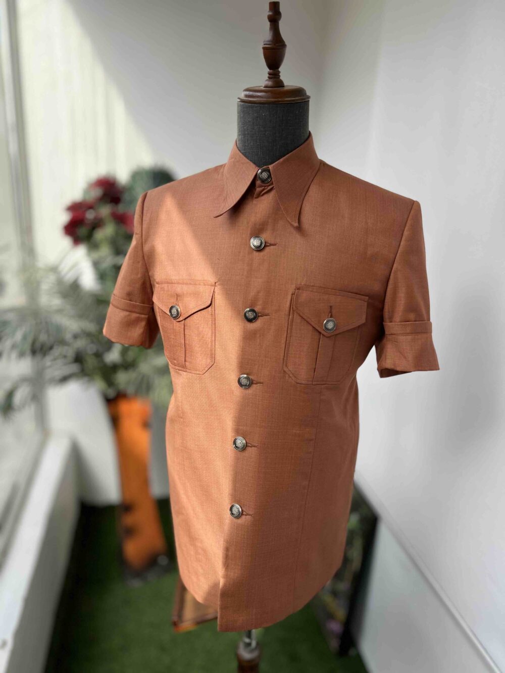 Burnt orange two pockets safari suit