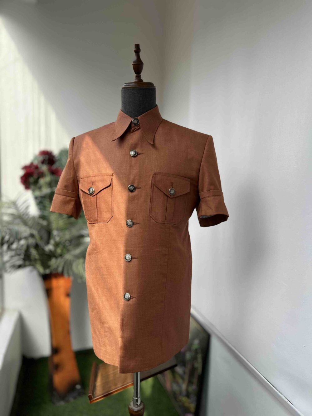 Burnt orange two pockets safari suit