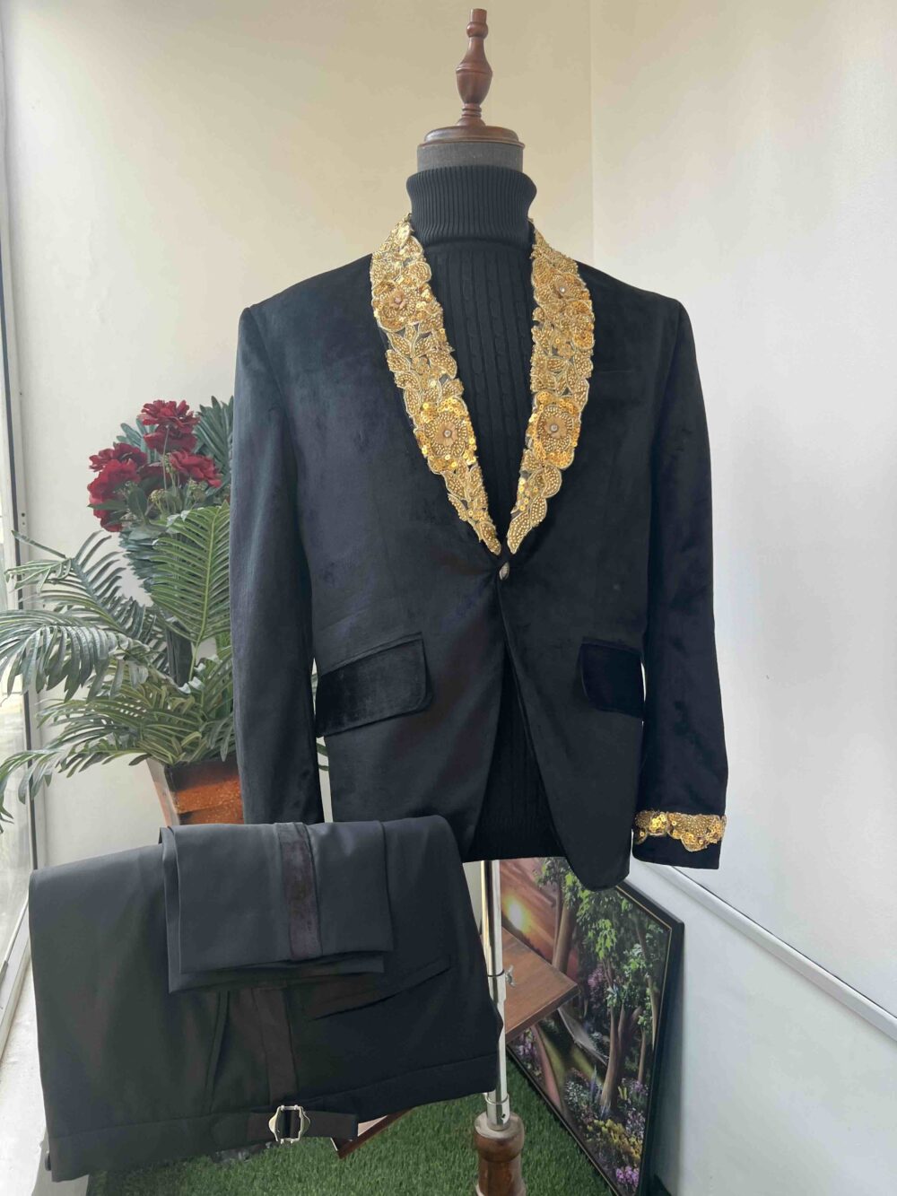 Black velvet golden embellished shawl lapel tuxedo suit