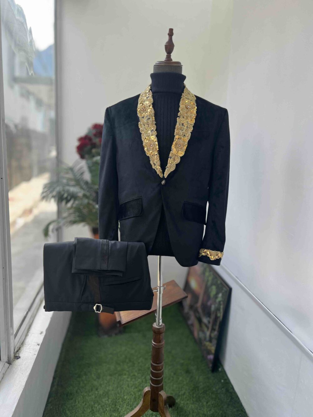 Black velvet golden embellished shawl lapel tuxedo suit