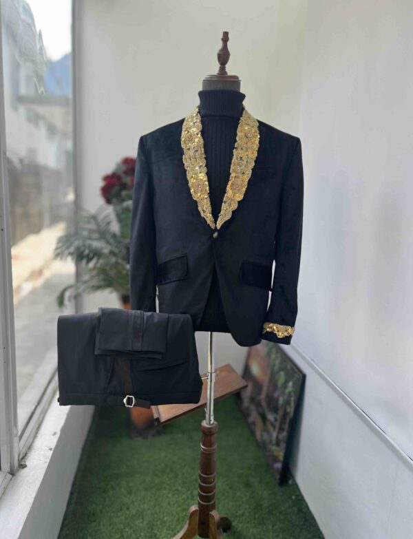 Black velvet golden embellished shawl lapel tuxedo suit