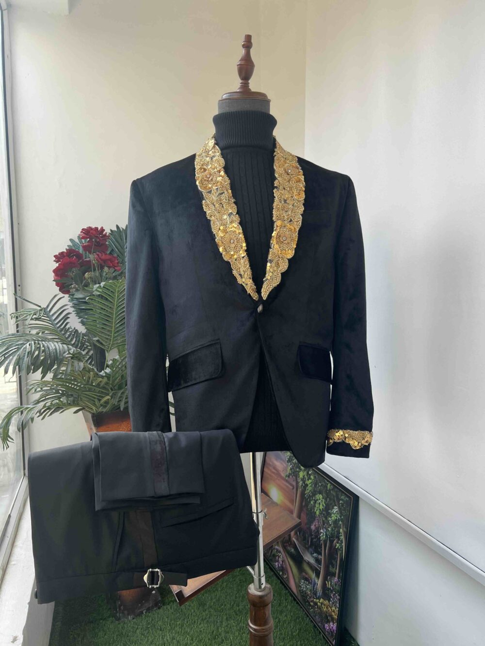 Black velvet golden embellished shawl lapel tuxedo suit