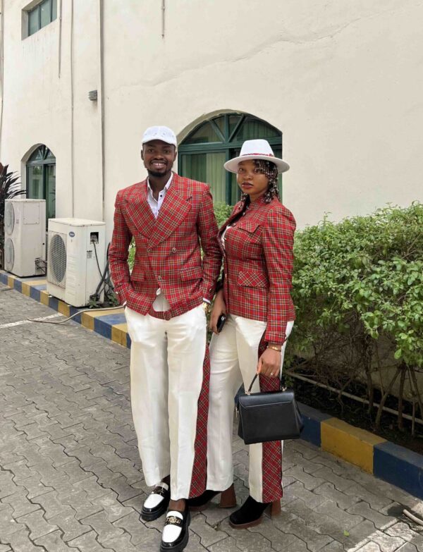 Red check double breasted suit, with a whit palazoo pant