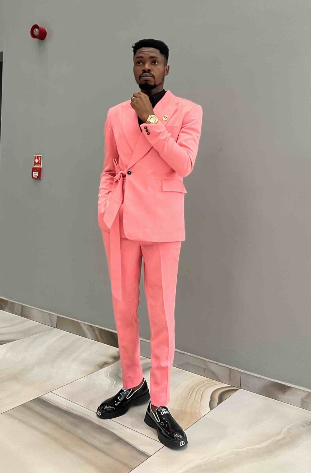 Salmon pink wrap suit